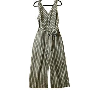Loft Women's Charcoal Gray V-Neck Linen Blend Striped Jumpsuit Size 10 NWT